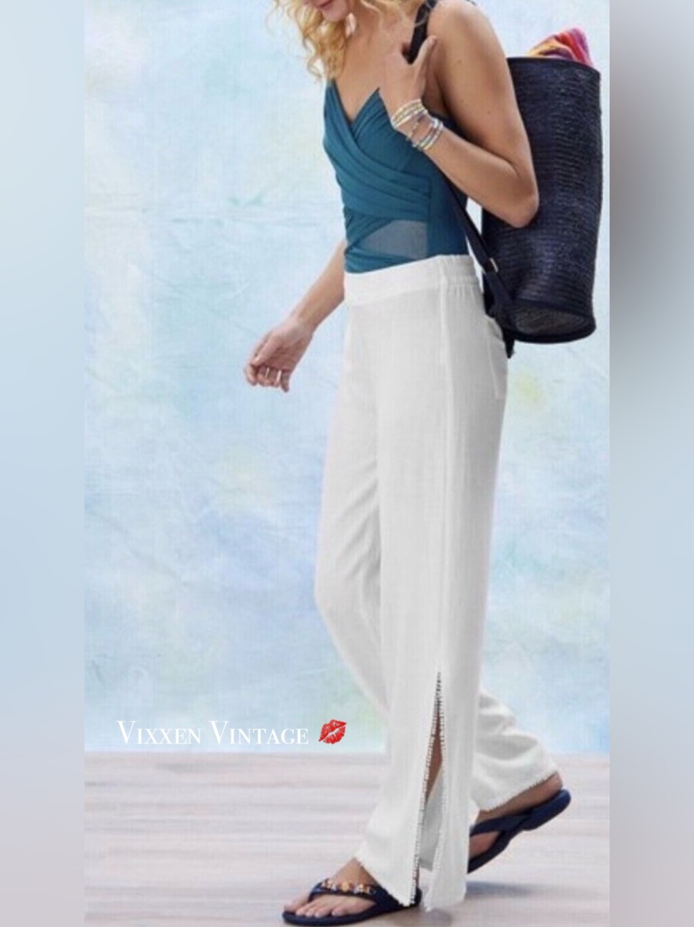 SOFT SURROUNDINGS SPLIT HEM 'SUMMER BREEZE LINEN WIDE LEG PANTS' IN WHITE